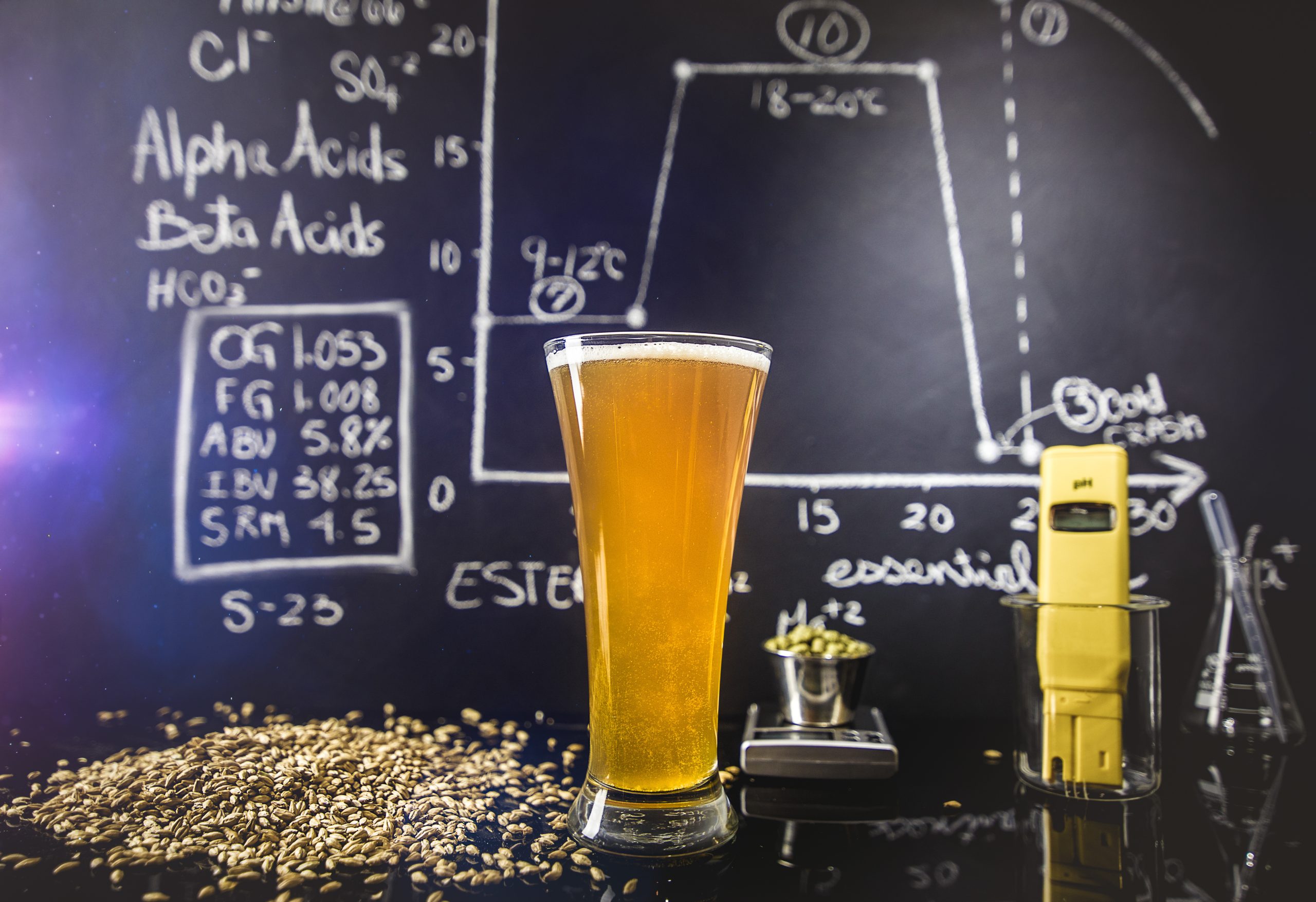 A pint of beer in front of a chalkboard showcasing the intricacies of beer math.